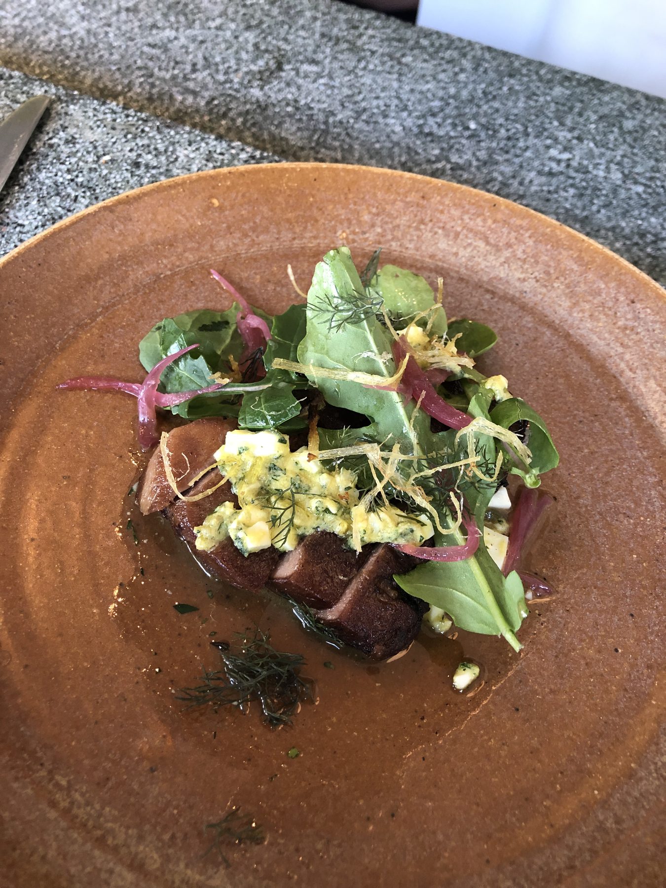 Wagyu veal tongue with sauce gribiche, charred shallot and wild arugula — private chef Denver