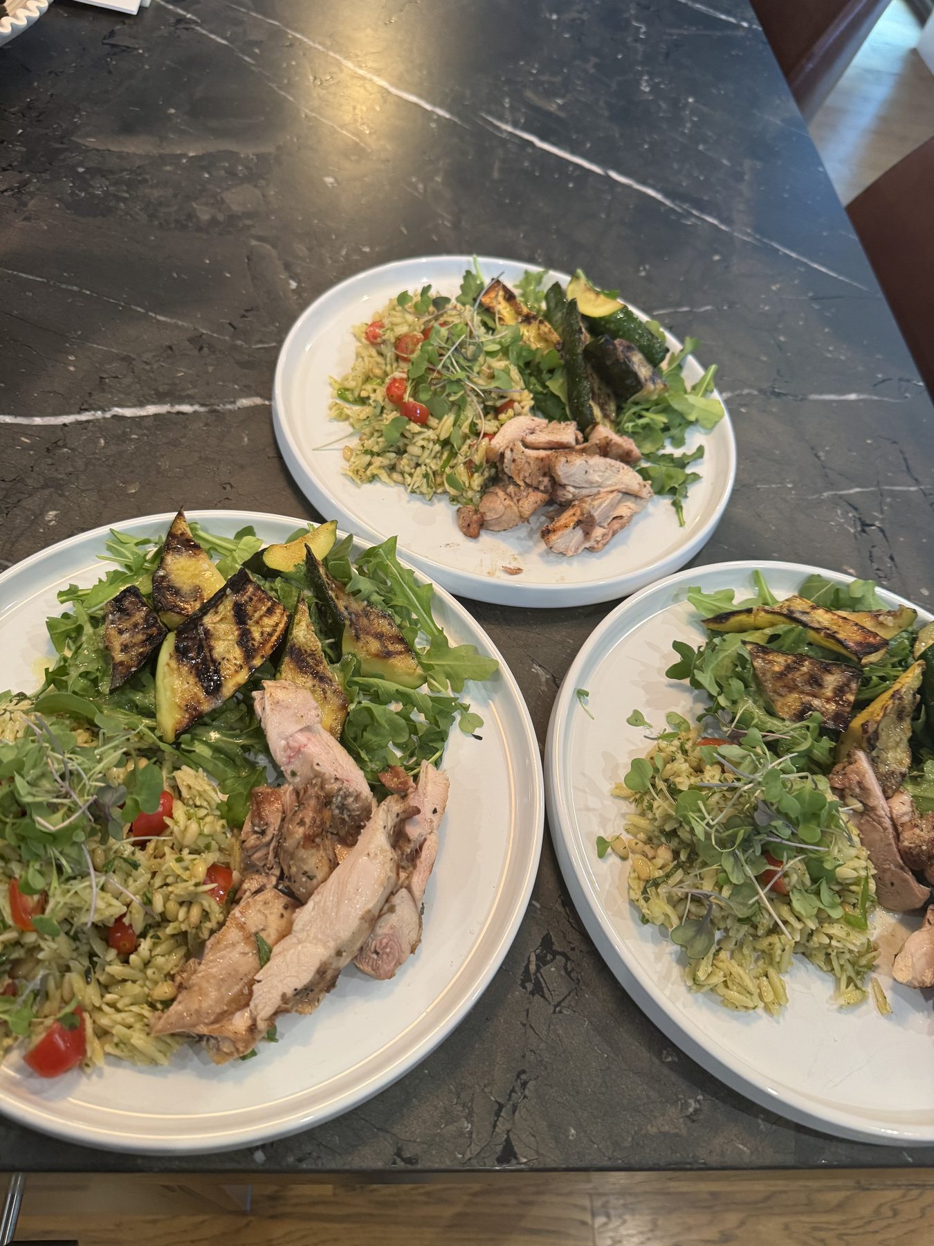 Grilled chicken with pesto orzo — private chef meal prep Denver